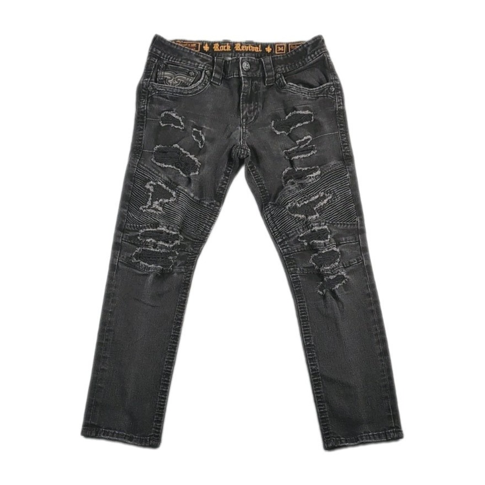 Rock Revival Zinfandel Bikers Men's Jeans Embroidered Distressed Black 34X29